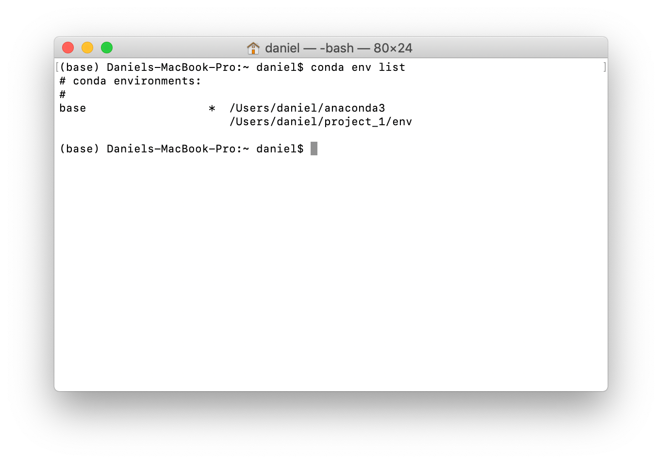 running the conda env list command in a terminal window