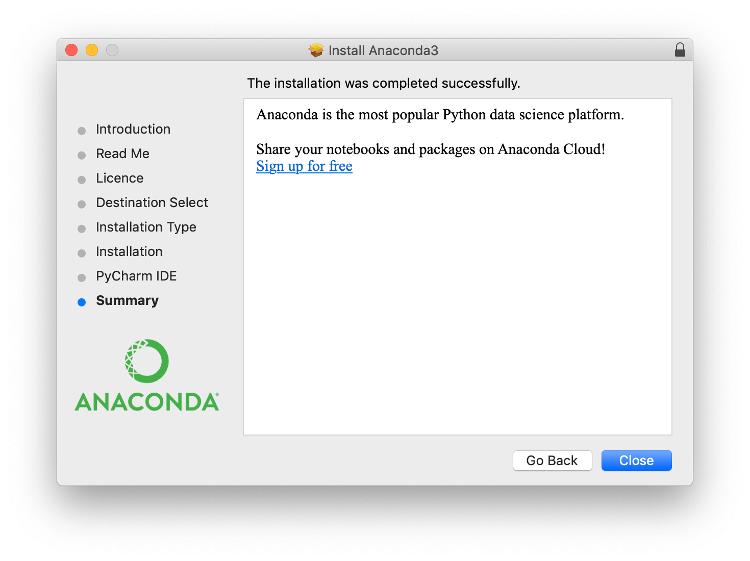 Anaconda installer success message