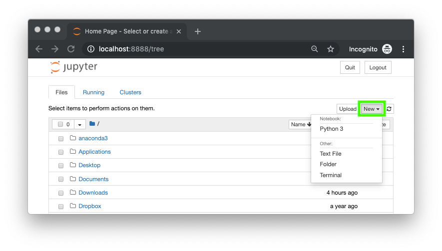 Creating a new jupyter notebook in the jupyter interface