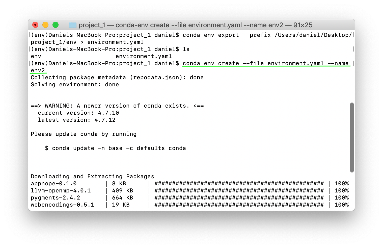 creating a conda environment using a YAML file on the command line