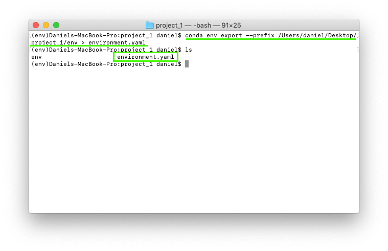 code on the command line for exporting an environment as a YAML file