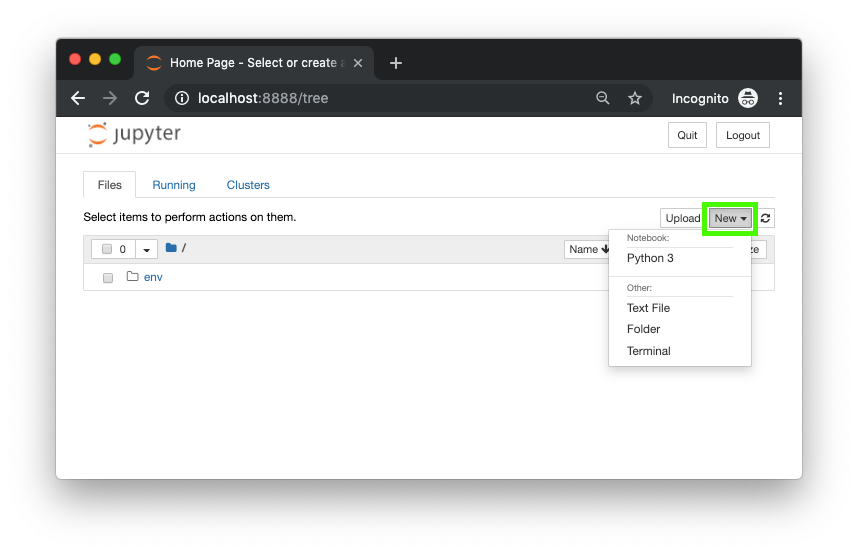 starting a new jupyter notebook from the jupyter interface