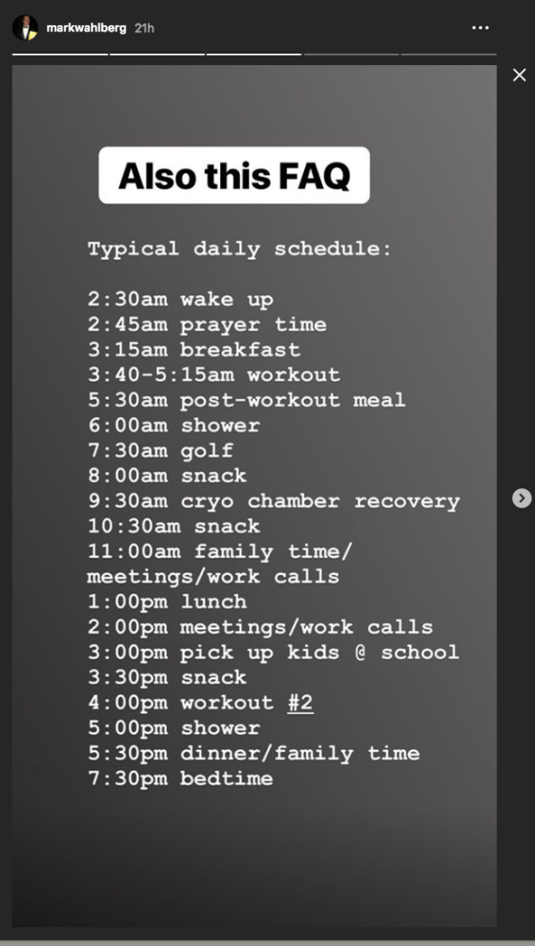 Mark Wahlbergs daily schedule