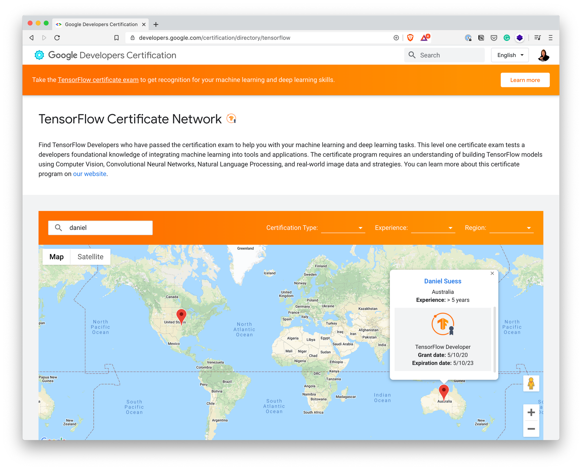 screenshot of tensorflow developers network with certifications of those in australia highlighted