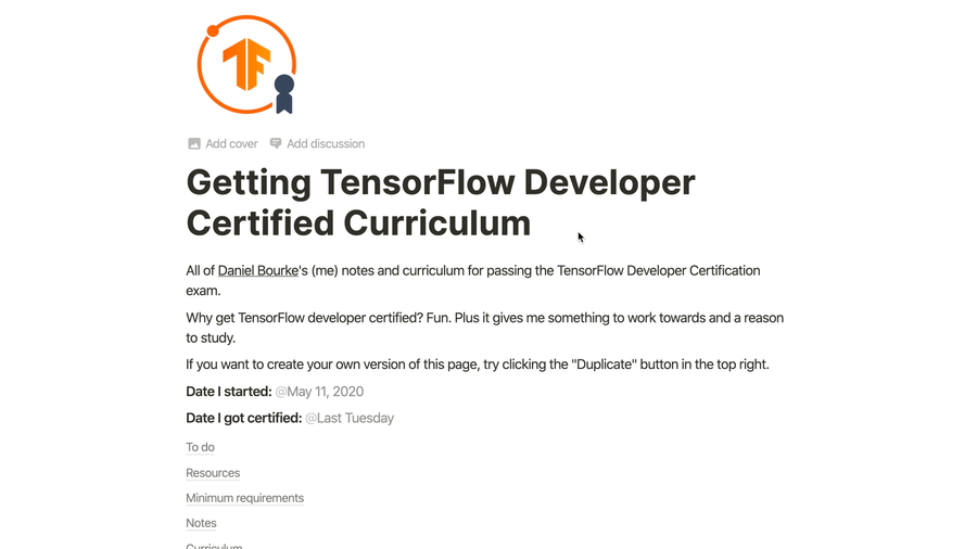 daniel bourke's tensorflow developer certification curriculum in Notion