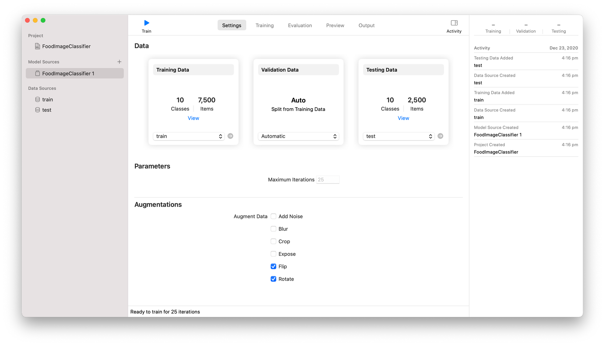 settings for CreateML machine learning image classification model training