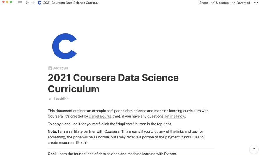 example data science curriculum setup with Coursera courses and Notion