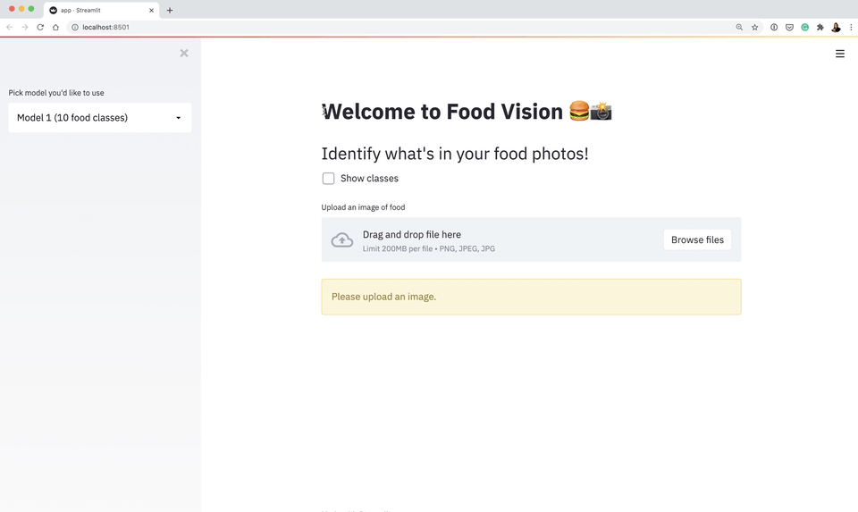 Food vision streamlit app demo gif