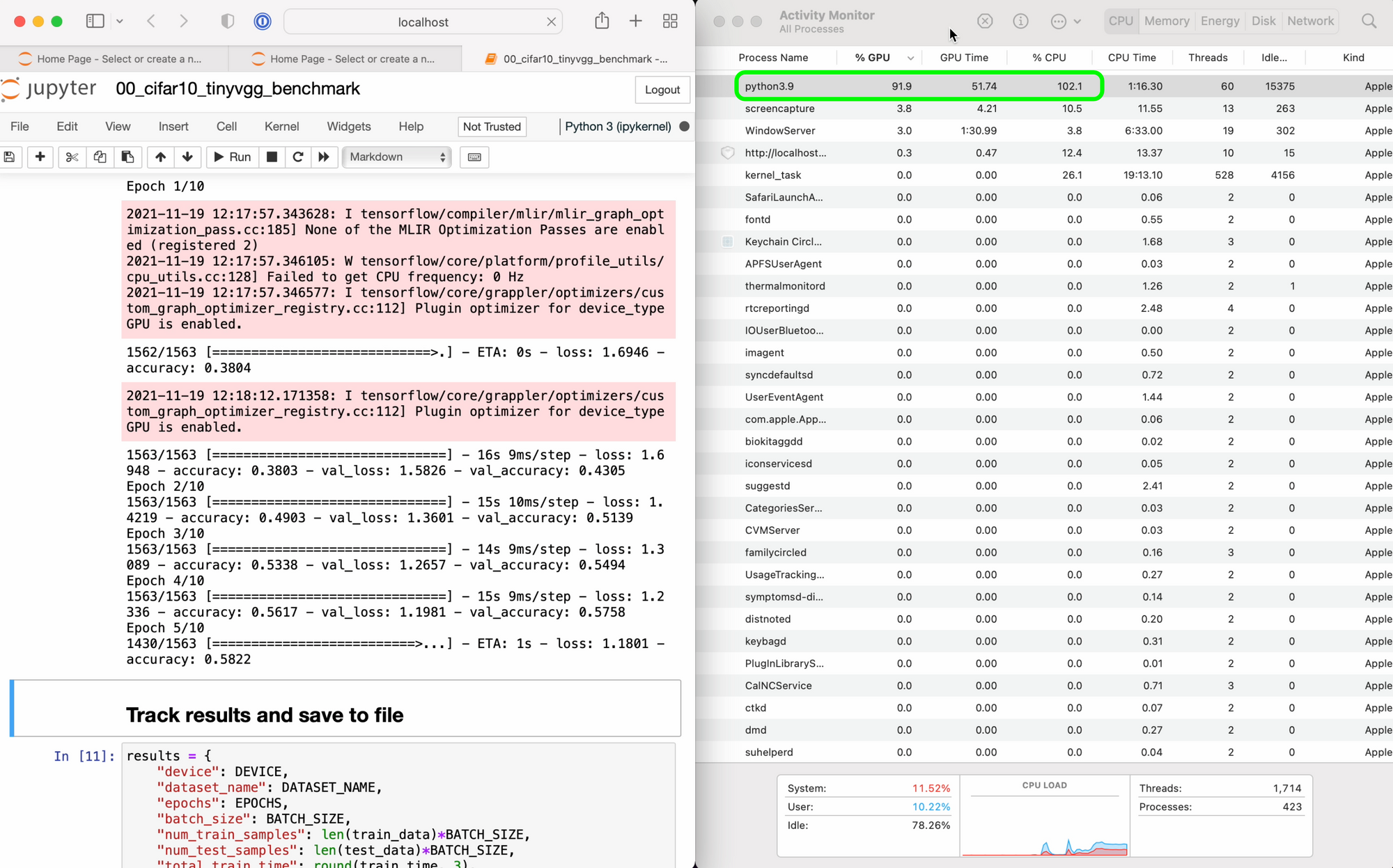 GPU usage in activity monitor for TensorFlow code running on M1 Pro, 91.9% of GPU usage during training a smaller tensorflow model