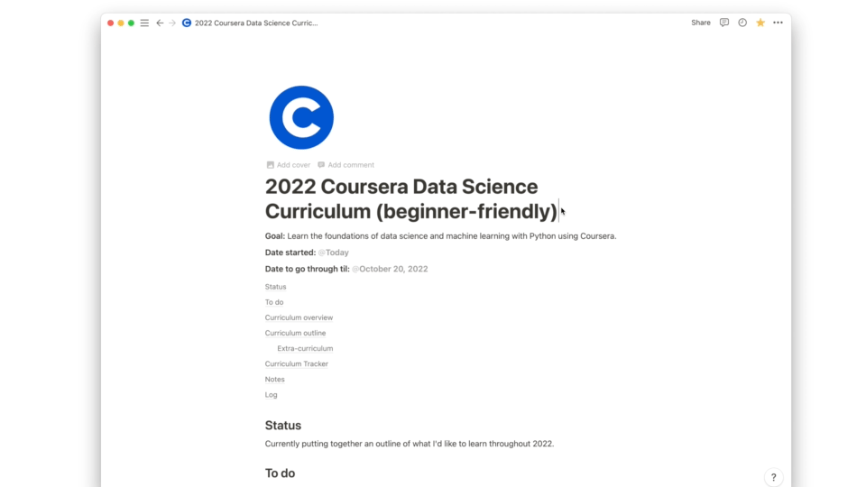 data science curriculum template made with Notion