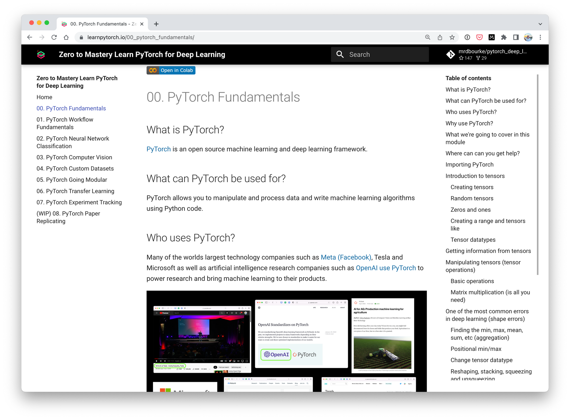 learnpytorch.io home page for PyTorch fundamentals section of learn PyTorch for deep learning zero to mastery course