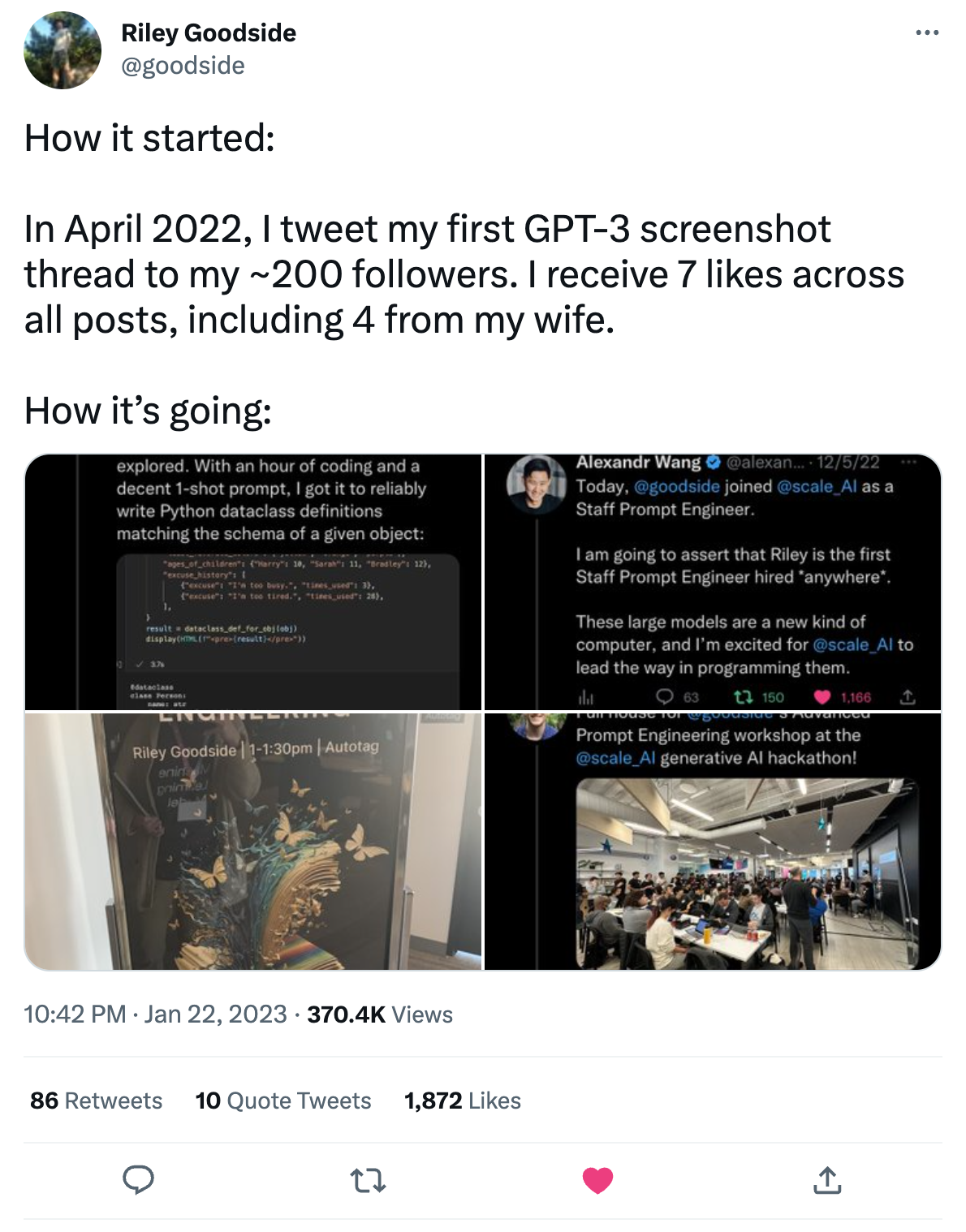 Tweet Screenshot of Riley Goodside getting a job at Scale AI after tweeting about different styles of prompt engineering