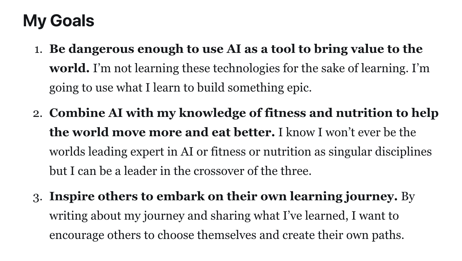 Daniel Bourke's goals for his self-created AI Masters Degree