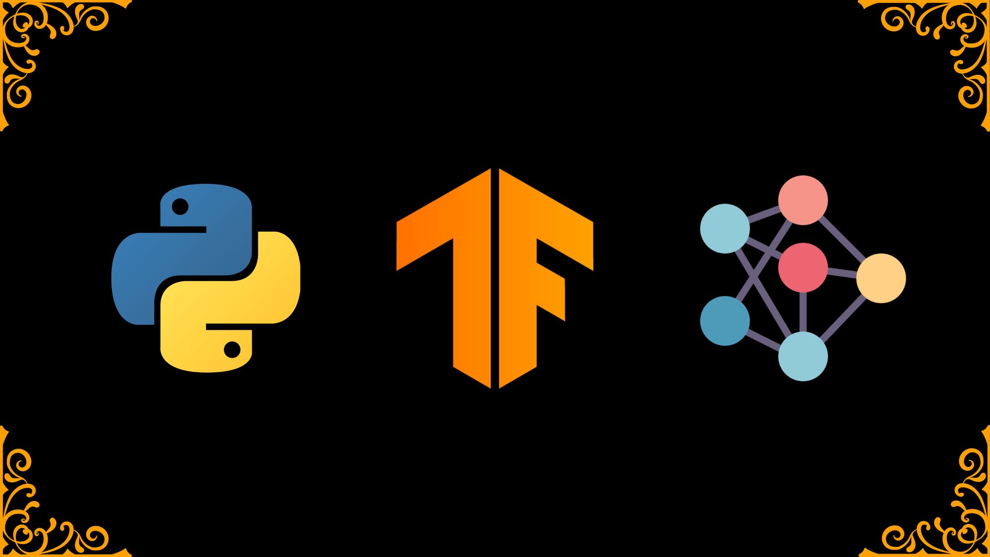 python logo, TensorFlow logo, neural network outline