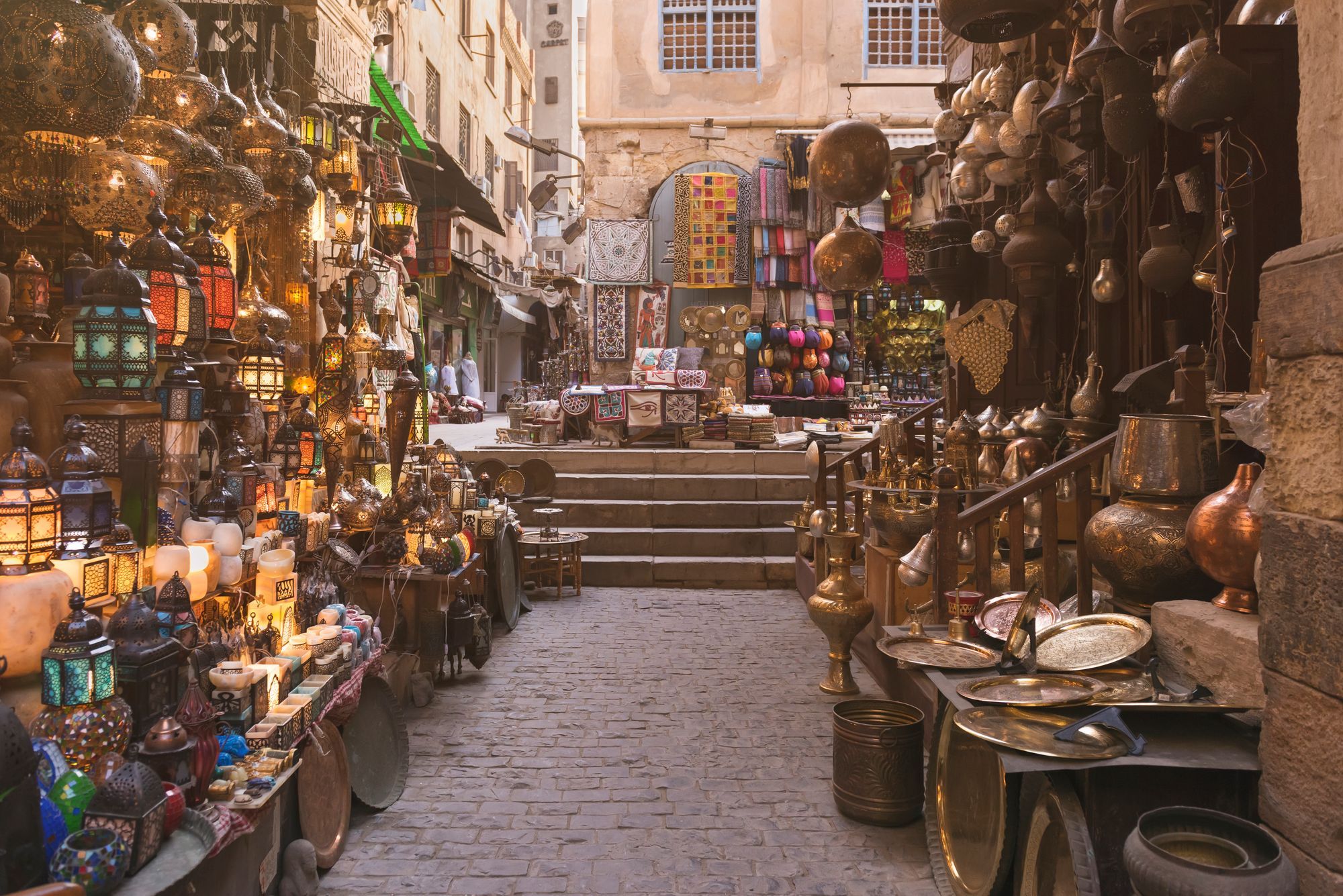 turkish market with colourful lamps and plenty of beautiful copper and metal trinkets, pots, pans, colourful rugs