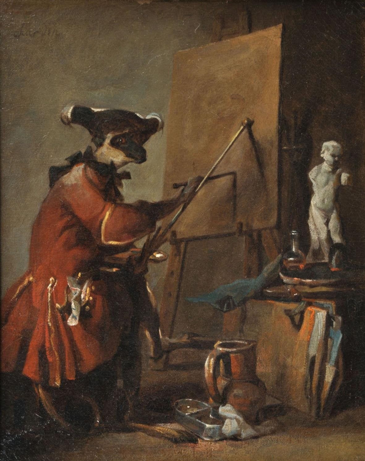 Painting of a monkey painting on an easel. 