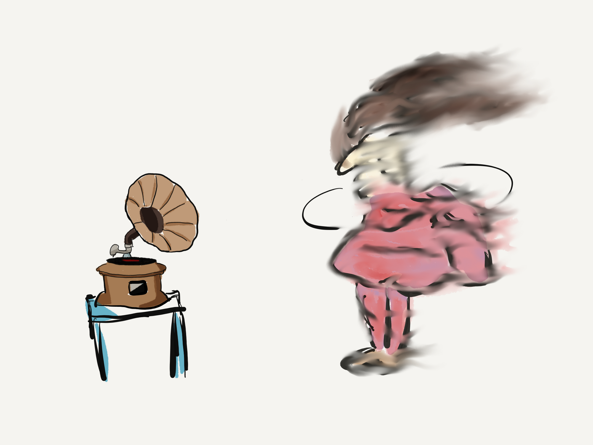 Cartoon record player with dancer spinning to the music