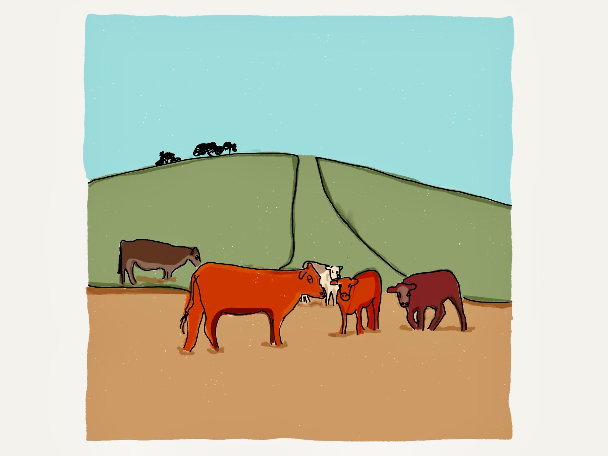 A drawing of cows in a field with a big green hill in the background and a nice blue sky