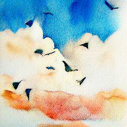 Computer generated image by craiyon.com, prompt "watercolour painting of birds flying behind clouds"