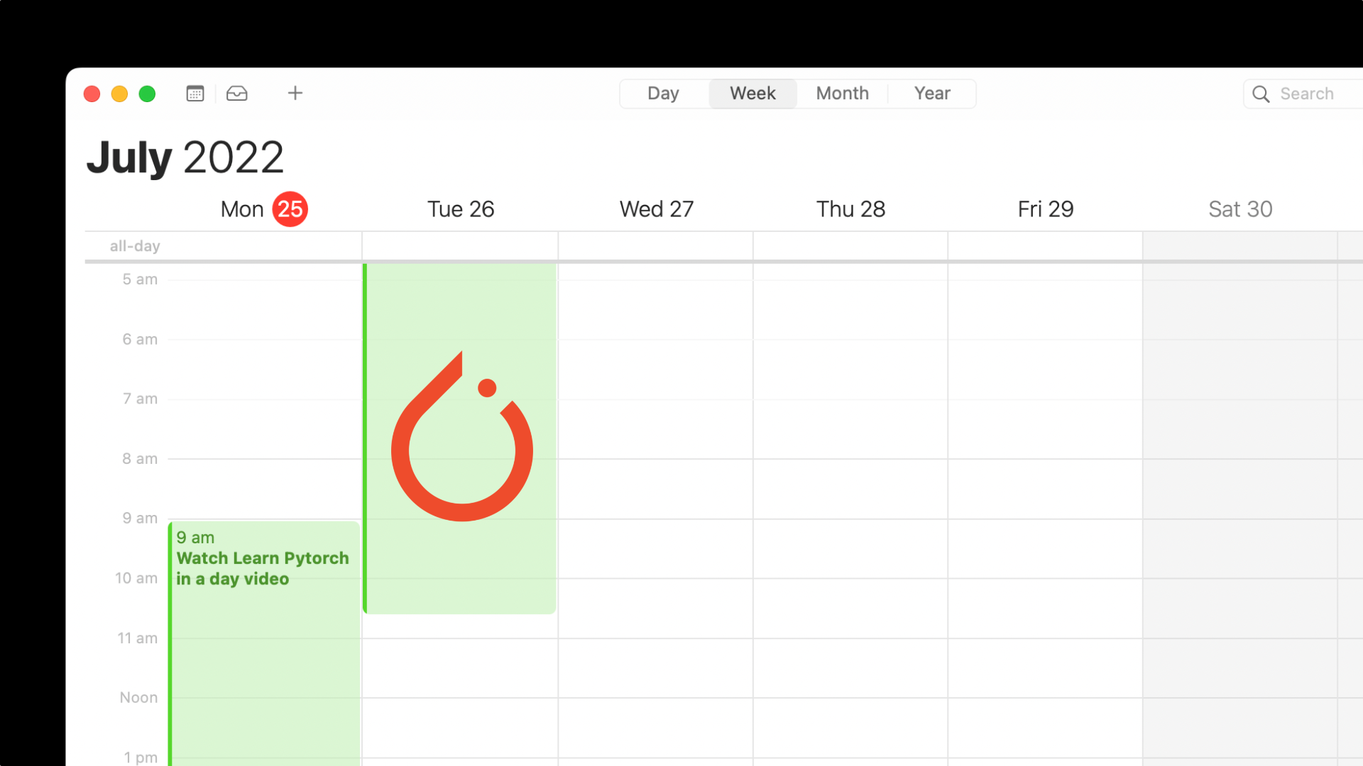 calendar with a day long event blocked out and PyTorch logo on it 