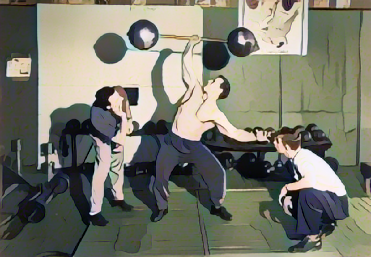 weightlifter with weight overhead being admired by two other men, cartoon style