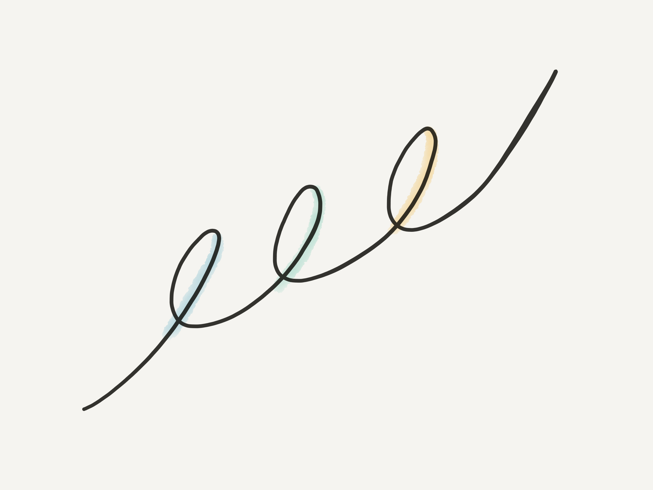 A drawing of three loops, each leading to the other, each slightly different colours