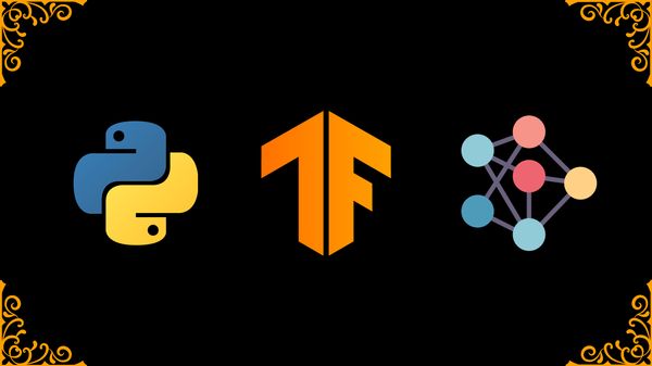python logo, TensorFlow logo, neural network outline