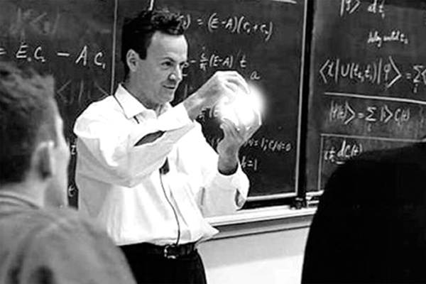 Richard Feynman with a magic ball in front of a class teaching