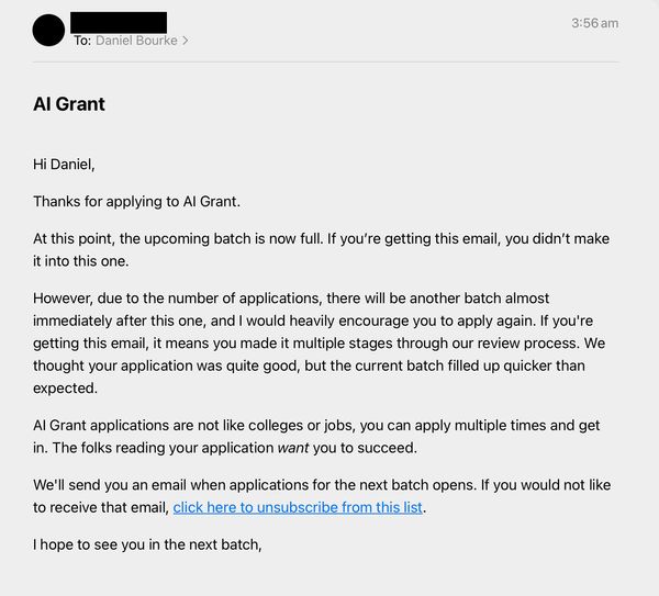 Rejection letter for the AI Grant 