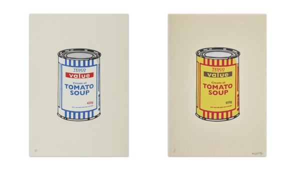 Two paintings of soup cans, one red, one blue. Artwork by Banksy.