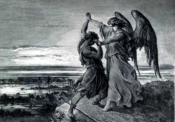Painting of Jacob wrestling with the angel in black and white by Gustave Doré