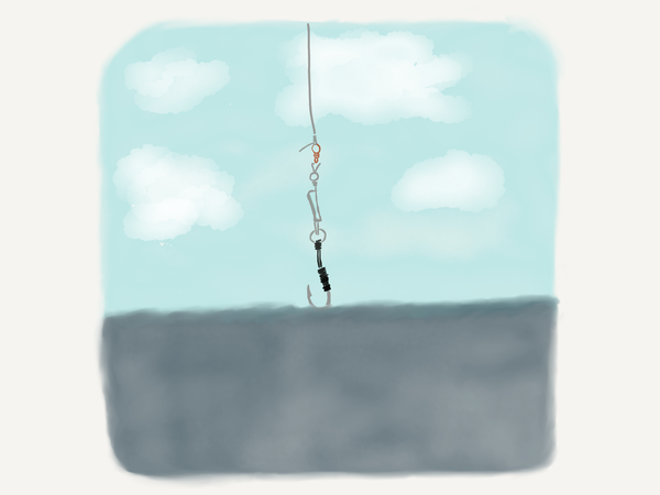 A drawing of a fishing hook tied to fishing line about to enter the water with sky in the background
