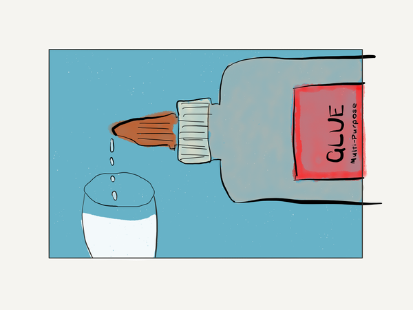 A drawing of a tub of glue tipping into a glass of milk